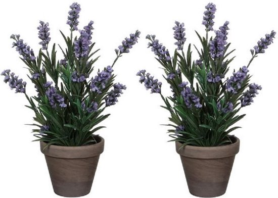 2x Groene Lavandula/lavendel kunstplant 33 cm in grijze plastic pot - Kunstplanten/nepplanten