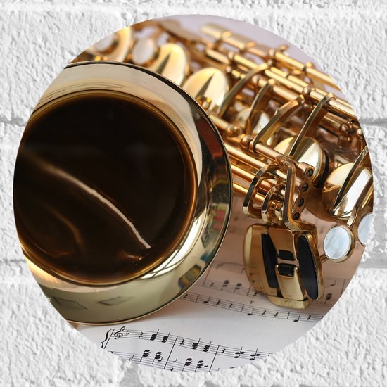 Muursticker Cirkel - Gouden Glimmende Saxofoon op Muzieknoten Bladeren - 20x20 cm Foto op Muursticker
