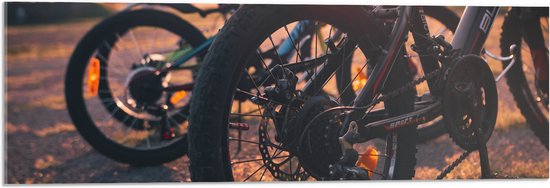 Acrylglas - Wielen van Racefietsen tijdens de Zonsondergang - 90x30 cm Foto op Acrylglas (Met Ophangsysteem)