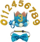 11-delige verjaardags set met hoedje met verschillende cijfers en strik licht blauw - verjaardag - hoed - strik - 1 - 2 - 3 - cakesmash - feest - party