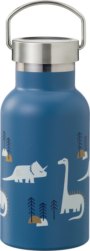 Blauwe drinkfles met dinosaurusprint en metalen handvat.