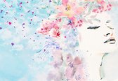 Fotobehang - Vlies Behang - Aqaurel Geschilderde Vrouw met Bloemen - Kunst - 416 x 254 cm