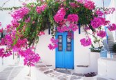 Fotobehang - Vlies Behang - Grieks Huis met Bloemen - 312 x 219 cm