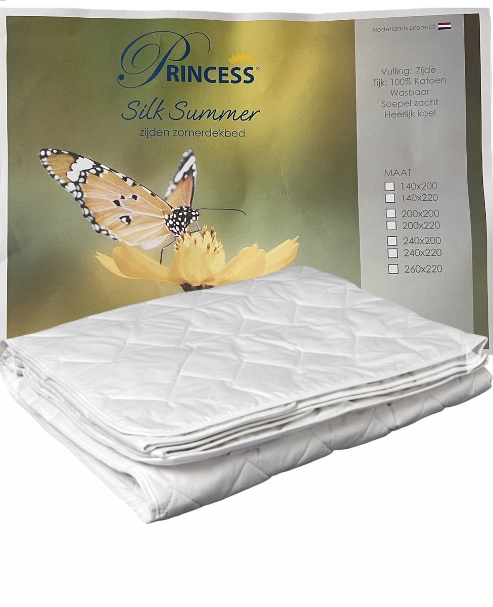 Princess Zijden Zomerdekbed-Silk Summer-100% puur Percal Zachte katoen Tijk- vulling van 100% Natuur Wild Zijde - Tweepersoons/Lits-jumeaux -Extra breed 260x220 cm