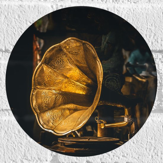 Muursticker Cirkel - Gouden Glimmende Grammofoon - 20x20 cm Foto op Muursticker