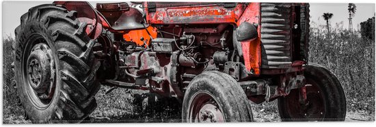 Foto: Vlag oude verroeste zwart witte tractor in het weiland met rode details 60x20 cm foto op polyester vlag