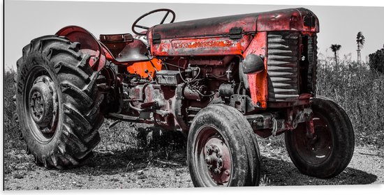 Dibond - Oude Verroeste Zwart-witte Tractor in het Weiland met Rode Details - 100x50 cm Foto op Aluminium (Met Ophangsysteem)