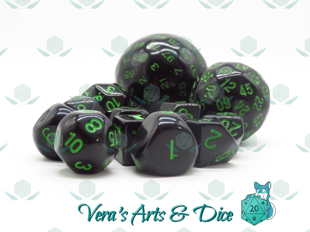 Lot 7 Dés Polyédriques DND – Noir, 16-22 Mm, Avec Sac à Cordon Vert, Pour JDR