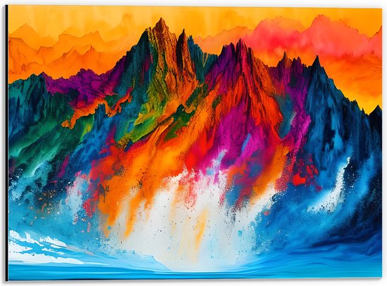 Dibond - Waterverf Tekening van Kleurrijke Bergen onder Oranje Lucht - 40x30 cm Foto op Aluminium (Wanddecoratie van metaal)