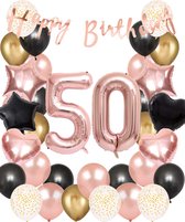 Snoes Ballonnen 50 Jaar Set Mega Rose Black Zwart Ballonen set - Compleet Feestpakket Cijferballon 50 Jaar - Verjaardag Versiering Slinger Happy Birthday – Folieballon – Latex Ballonnen - Helium Ballonnen