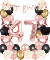 Snoes Ballonnen 47 Jaar Set Mega Rose Black Zwart Ballonen set - Compleet Feestpakket Cijferballon 47 Jaar - Verjaardag Versiering Slinger Happy Birthday – Folieballon – Latex Ballonnen - Helium Ballonnen