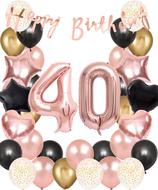 Snoes Ballonnen 40 Jaar Set Mega Rose Black Zwart Ballonen set - Compleet Feestpakket Cijferballon 40 Jaar - Verjaardag Versiering Slinger Happy Birthday – Folieballon – Latex Ballonnen - Helium Ballonnen