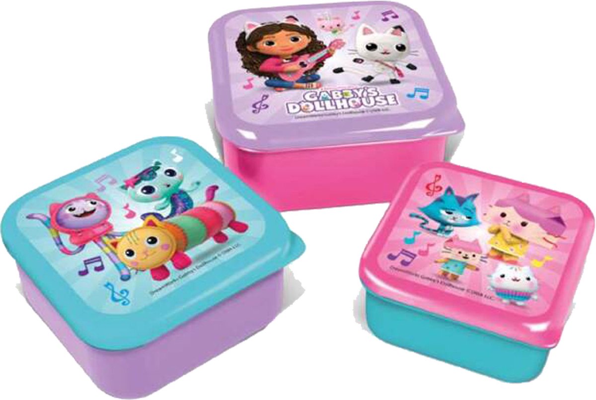 Gabby's Dollhouse Snack Box 3 Stuks lunchbox kinderen - lunchbox meisjes - lunchbox kind - lunchboxen kinderen - lunchboxen