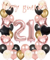 Snoes Ballonnen 21 Jaar Set Mega Rose Black Zwart Ballonen set - Compleet Feestpakket Cijferballon 21 Jaar - Verjaardag Versiering Slinger Happy Birthday – Folieballon – Latex Ballonnen - Helium Ballonnen