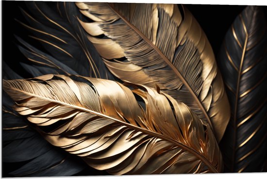 Dibond - Zwarte en Gouden Palmbladeren - 90x60 cm Foto op Aluminium (Wanddecoratie van metaal)