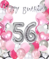 Snoes Ballonnen 56 Jaar Pink Blush Silver Mega Ballon - Compleet Feestpakket 56 Jaar - Verjaardag Versiering Slinger Happy Birthday – Folieballon – Latex Ballonnen - Helium Ballonnen - Zilver en Roze Verjaardag Decoratie