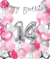 Snoes Ballonnen 14 Jaar Pink Blush Silver Mega Ballon - Compleet Feestpakket 14 Jaar - Verjaardag Versiering Slinger Happy Birthday – Folieballon – Latex Ballonnen - Helium Ballonnen - Zilver en Roze Verjaardag Decoratie