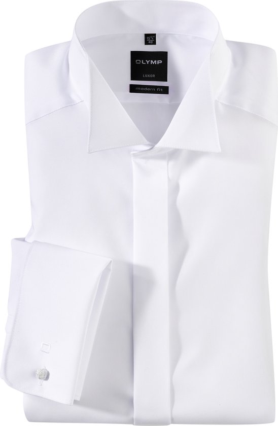 OLYMP Luxor modern fit overhemd - smoking overhemd - mouwlengte 7 - wit met wing kraag - Strijkvrij - Boordmaat: 46