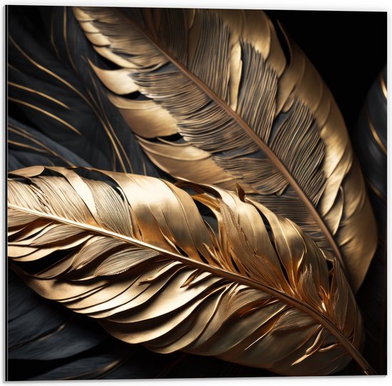 Dibond - Zwarte en Gouden Palmbladeren - 50x50 cm Foto op Aluminium (Wanddecoratie van metaal)