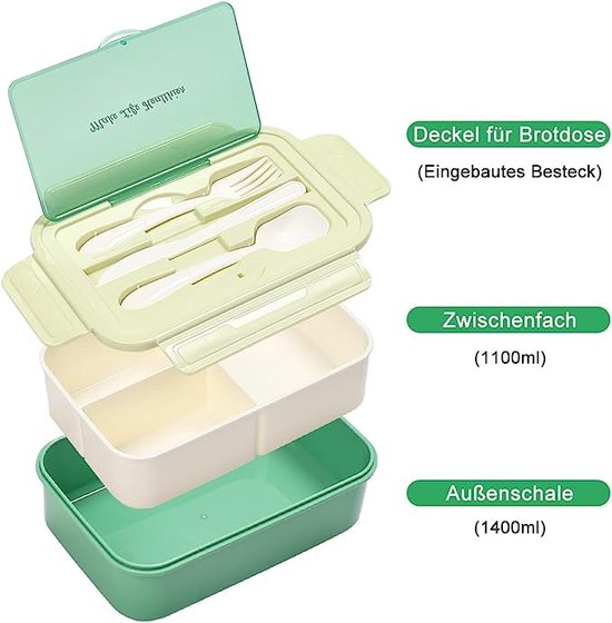 Lunchbox 1400 ml, broodtrommel voor kinderen, met 3 vakken en bestek, draagbare lunchbox voor volwassenen, BPA-vrij, bento box voor school, kantoor, picknickreizen, geschikt voor magnetronverwarming