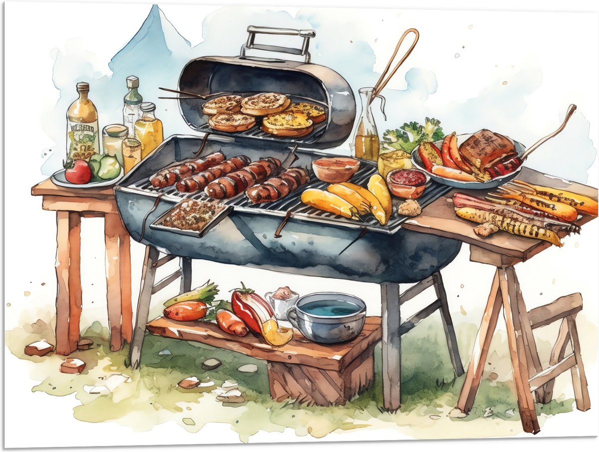 Acrylglas - Tekening met Barbecue met Eten - 80x60 cm Foto op Acrylglas (Wanddecoratie op 