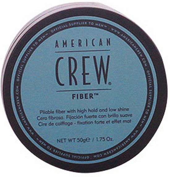 Bovenaanzicht American Crew Fiber pot, blauw deksel met tekst.