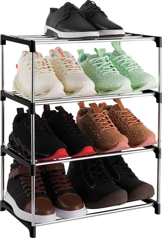 4-laags stapelbare kleine schoenenrek, lichtgewicht schoenenplank opbergorganizer voor toegang, hal en kast (zwart)
