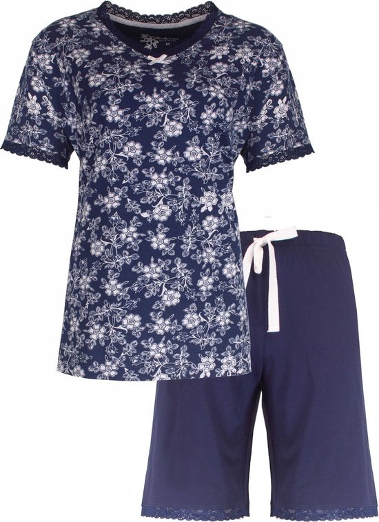 Tenderness - Dames Shortama Pyjama Set - Bloemenprint - 100% Katoen - blauw - Maat M