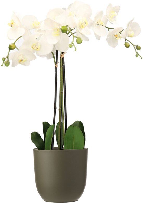 Orchidee kunstplant wit - 75 cm - inclusief bloempot olijfgroen mat - Kunstbloemen in pot