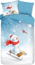 Warme kids flanel dekbedovertrek Sliding Snowman - 140x200/220 (eenpersoons) - hoogwaardig en superzacht - vrolijke uitstraling