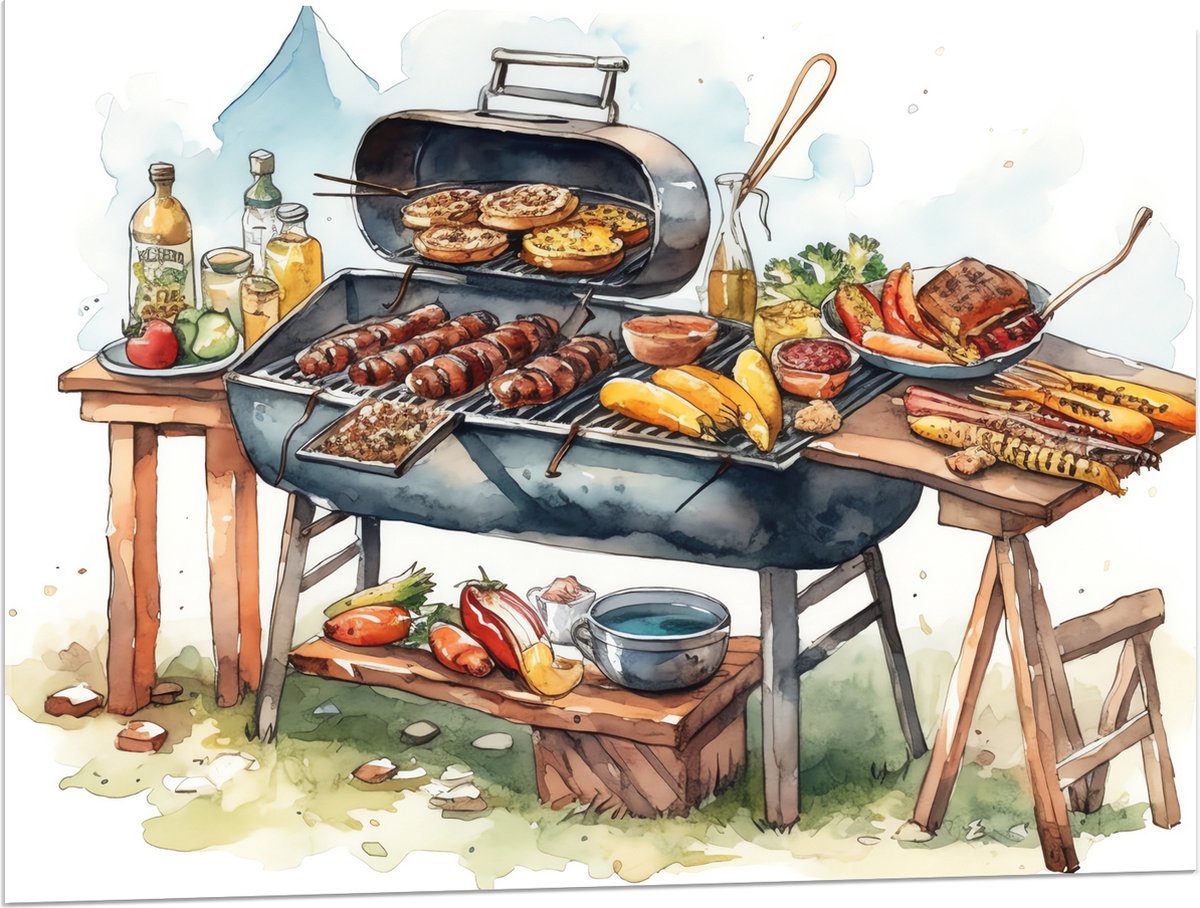 Acrylglas - Tekening met Barbecue met Eten - 100x75 cm Foto op Acrylglas (Wanddecoratie op