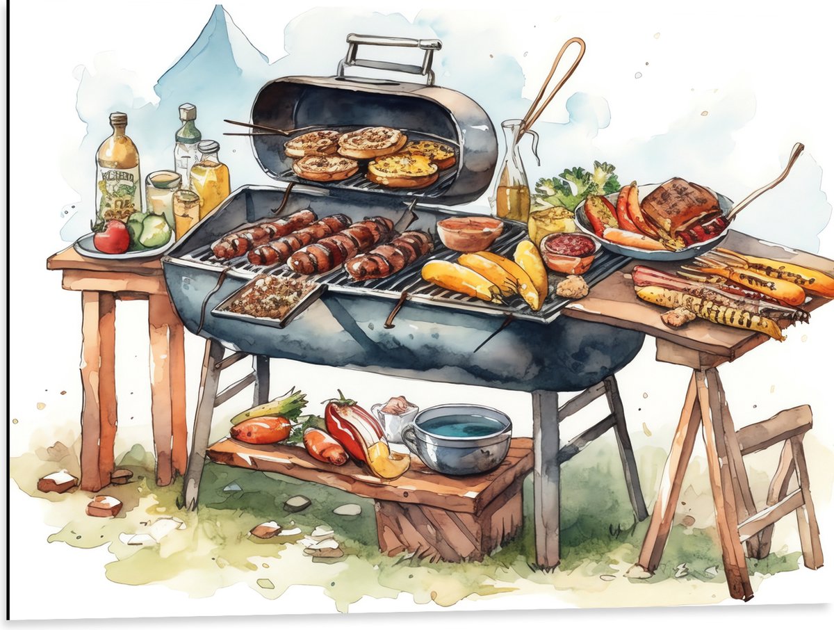 Dibond - Tekening met Barbecue met Eten - 80x60 cm Foto op Aluminium (Met Ophangsysteem)