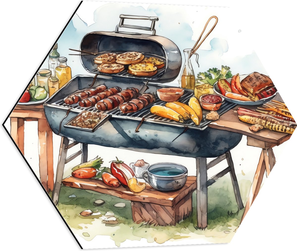 Dibond Hexagon - Tekening met Barbecue met Eten - 60x52.2 cm Foto op Hexagon (Met Ophangsy