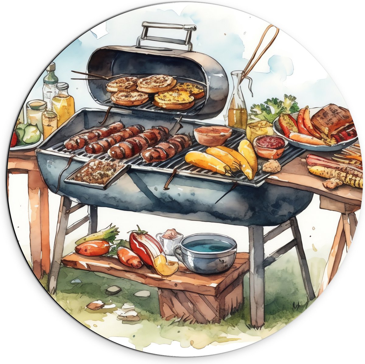 Dibond Muurcirkel - Tekening met Barbecue met Eten - 70x70 cm Foto op Aluminium Muurcirkel