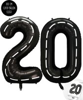 Cijfer Helium Folie Ballon XXL - 20 jaar cijfer - Zwart - Wit - Race Thema - Formule1 - 100 cm - Snoes