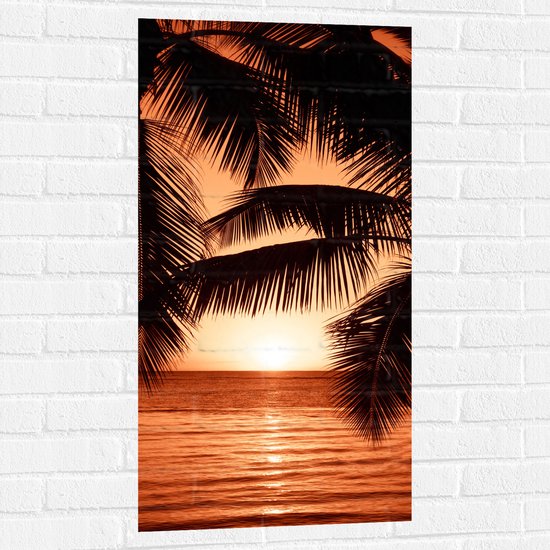 Muursticker - Bomen - Palmbomen - Zee - Zonsondergang - Oranje - 50x100 cm Foto op Muursticker