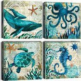 muurkunst canvas prints - schilderij - blauwe oceaan schepsel walvis octopus zeeschildpad zeepaardje fotoschilderij, modern muurkunstwerk, ingelijst, voor badkamer kantoor woondecoratie - 30 x 30 cm, 4 stuks