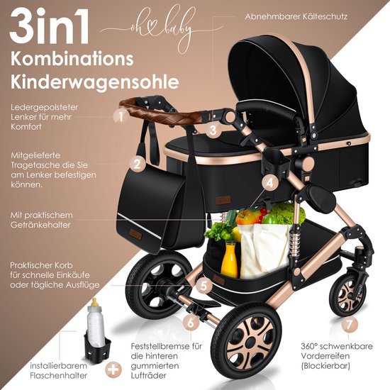 KESSER® Kinderwagen 3 in 1 Loops Wandelwagen Set incl. Autostoel & Reiswieg & Buggy Sportzitje - Massieve Rubberbanden - Luiertas / Regenhoes - Zwart / Champagne van KESSER® — afbeelding 4