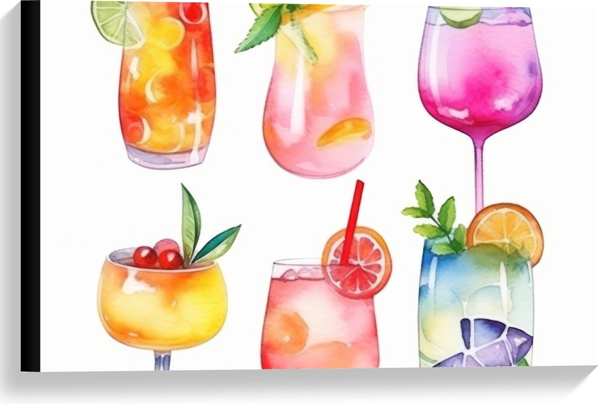 Canvas - Waterverf Tekening van Verschillende Kleuren Cocktails op Witte Achtergrond - 60x40 cm Foto op Canvas Schilderij (Wanddecoratie op Canvas)