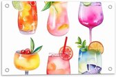 Tuinposter – Waterverf Tekening van Verschillende Kleuren Cocktails op Witte Achtergrond - 60x40 cm Foto op Tuinposter (wanddecoratie voor buiten en binnen)