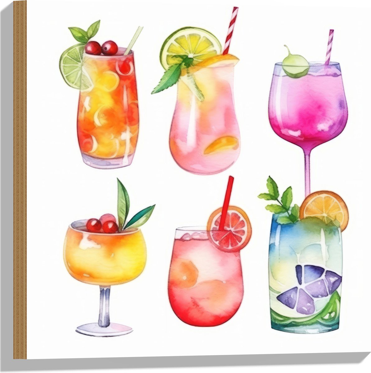 Hout - Waterverf Tekening van Verschillende Kleuren Cocktails op Witte Achtergrond - 50x50 cm - 9 mm dik - Foto op Hout (Met Ophangsysteem)