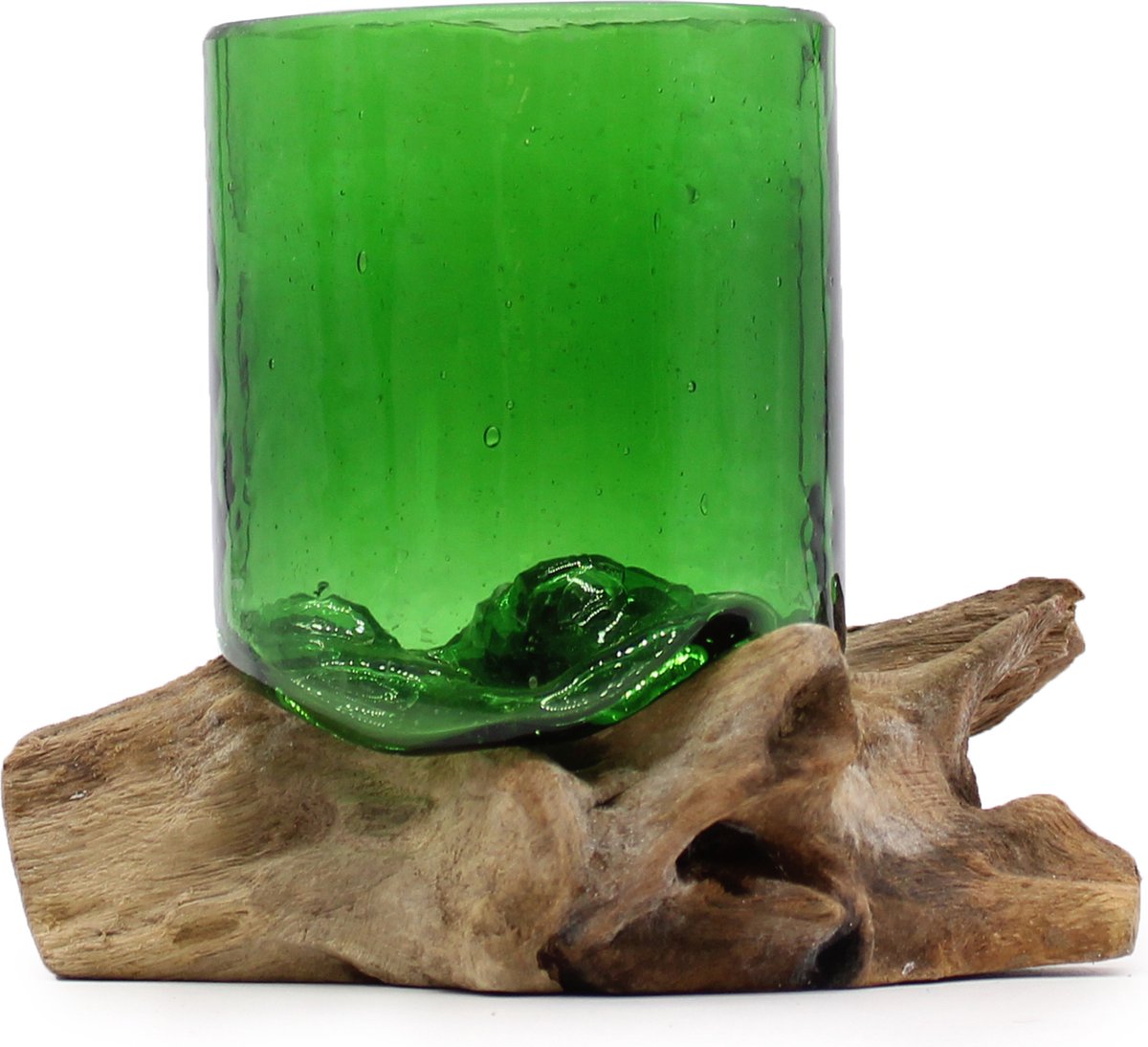 Gerecycleerd Gesmolten Glas op Hout - Kom - Groen - 15x13x13cm - Gemaakt Van Gebruikte Bierflessen