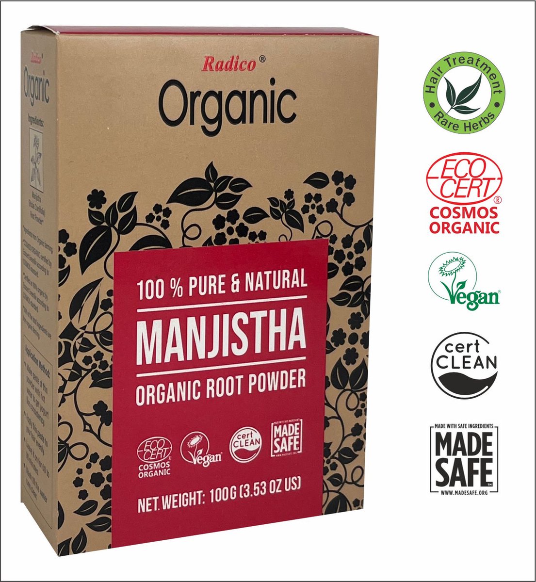 Radico ORGANIC MANJISTHA 100% Natuurlijke BIO Organic Vegan Haargroei, Anti-Haaruitval, Anti-Roos, Care, Volume, Kalmerende, Voedende VERSTERKENDE Poeder Haarmasker en Shampoo met ECOCERT 100g