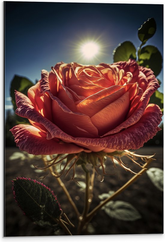 Dibond - Rode Roos in het Maanlicht - 40x60 cm Foto op Aluminium (Met Ophangsysteem)