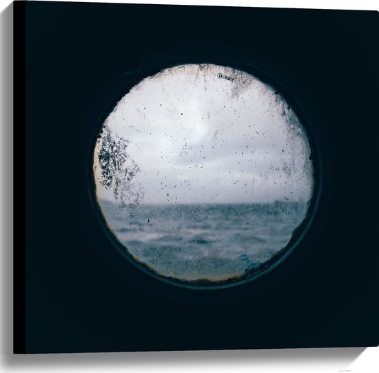 Canvas - Boot - Zee - Oceaan - Raampje - Uitzicht - Rond - Vies - 60x60 cm Foto op Canvas Schilderij (Wanddecoratie op Canvas)