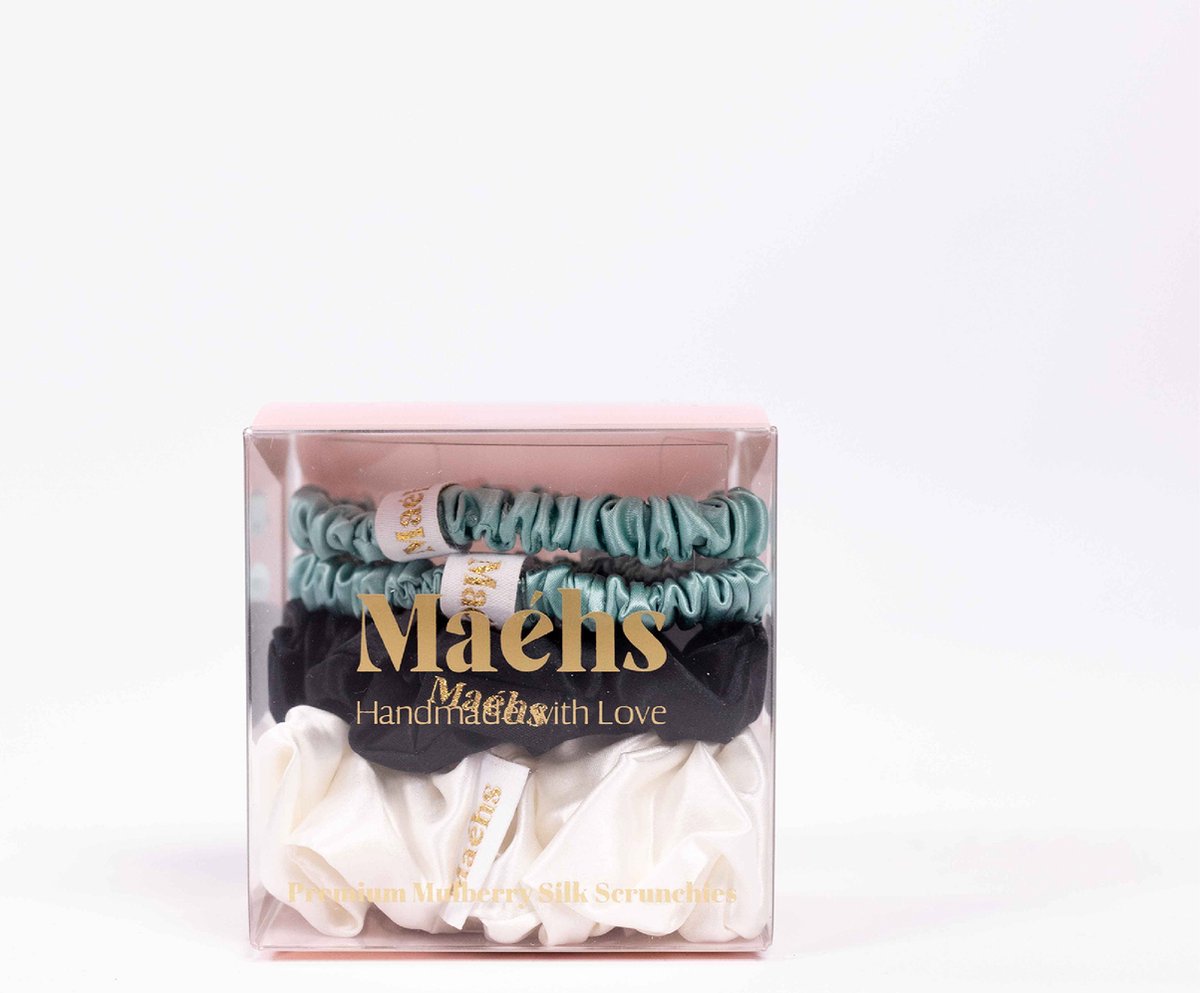 Maéhs London Set van 4 mixed scrunchies -small medium, large haaraccessoires - haarelastiekjes 22 Momme - Kleur mint, zwart, ivoor - cadeautip