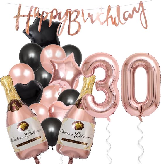 30 Jaar Verjaardag Cijferballon 30 - Feestpakket Snoes Ballonnen Pop The Bottles - Rose Zwart Versiering