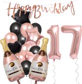 17 Jaar Verjaardag Cijferballon 17 - Feestpakket Snoes Ballonnen Pop The Bottles - Rose Zwart Versiering