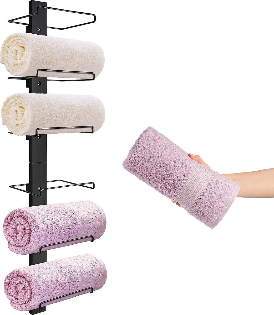 Praktische handdoekhouder zwart - roestvrij handdoekenrek muur voor badkamer met zes vakken - handdoekstang van metaal en hout - ruimtebesparende badkameraccessoires voor wandmontage