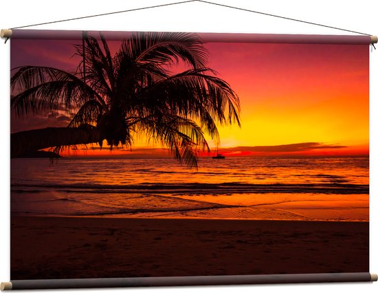 Textielposter - Silhouet van Palmboom Hangend over het Strand tijdens Rozekleurige Zonsondergang - 120x80 cm Foto op Textiel